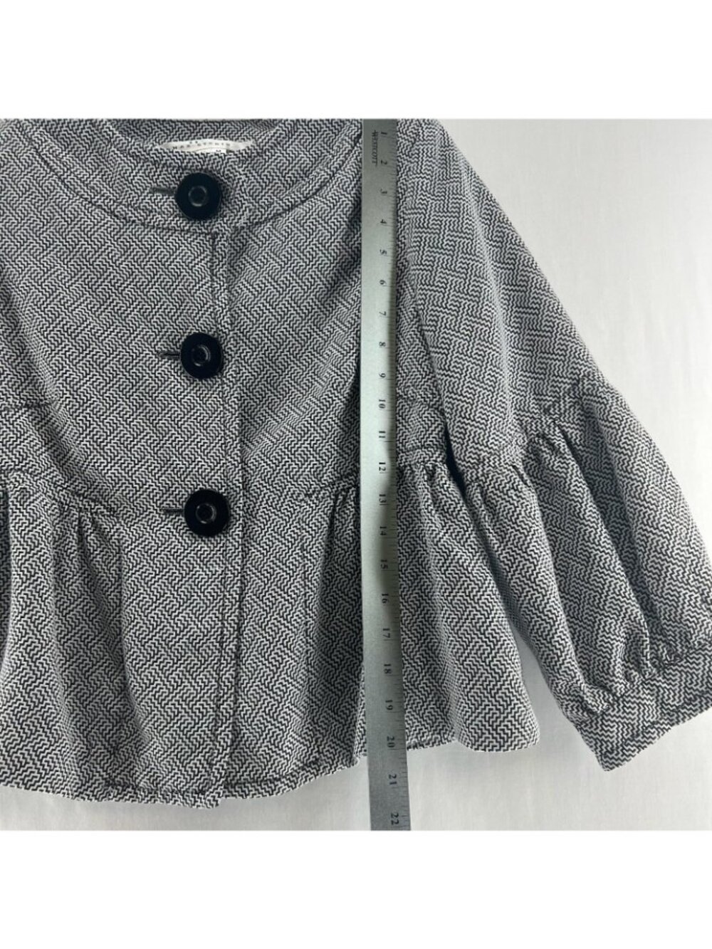 Max Studio Zigzag Peplum Jacket Womens M Puff Balloon Sleeve Button Black White - Picture 4 of 13